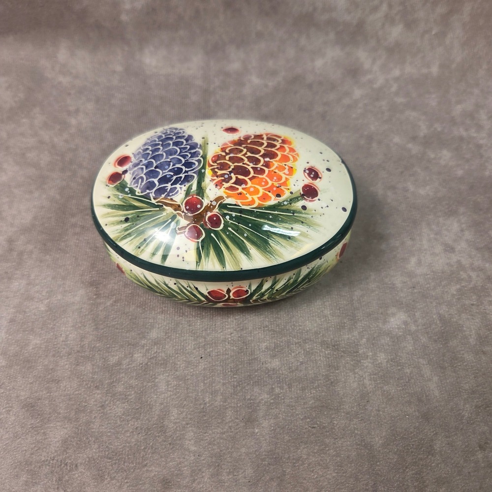 Julie Ueland Enesco Pinecone Joy Ceramic Trinket Box Oval Holiday 168610 2001